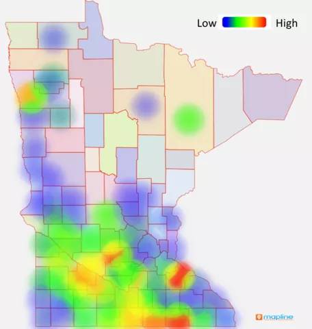 Map of MN match between wind potential and ammonia demand 