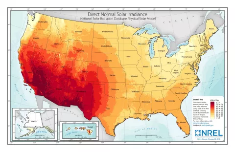 Map of United States showing the National Solar Radiation Database Physical model 