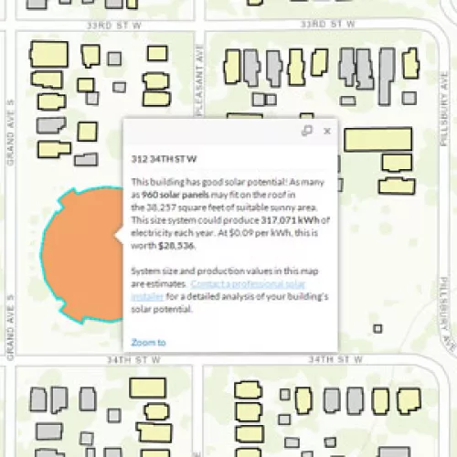 Example view of Minneapolis Solar Suitability Tool