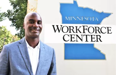 CEO Jamez Staples standing in front of the training center at 1200 Plymouth Avenue North, Minneapolis, MN (Frank Jossi, Energy News)