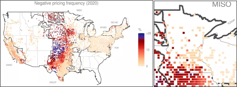 Map of Negative Price Frequency and detailed geographic location of areas where wind is economically curtailed because of lack of transmission capacity and wind energy volume.