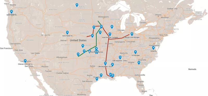 Map of U.S. Ammonia Plants and Pipelines 