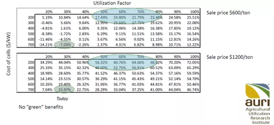 Table of Unlevered Internal Rate of Return of a 100 tpd plant